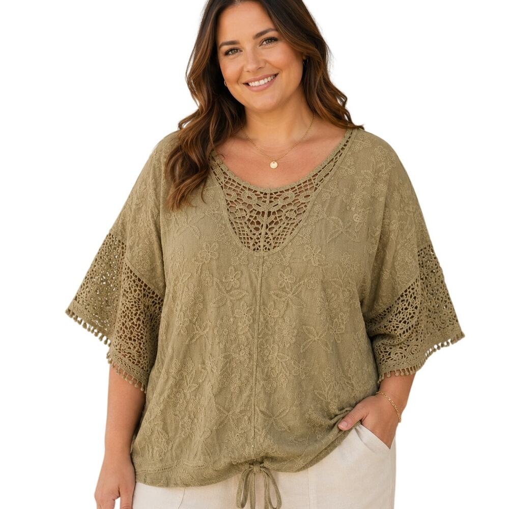 Lane Bryant Tie-Hem Crochet Top Womens Size 22/24 Olive Embroidered Peasant